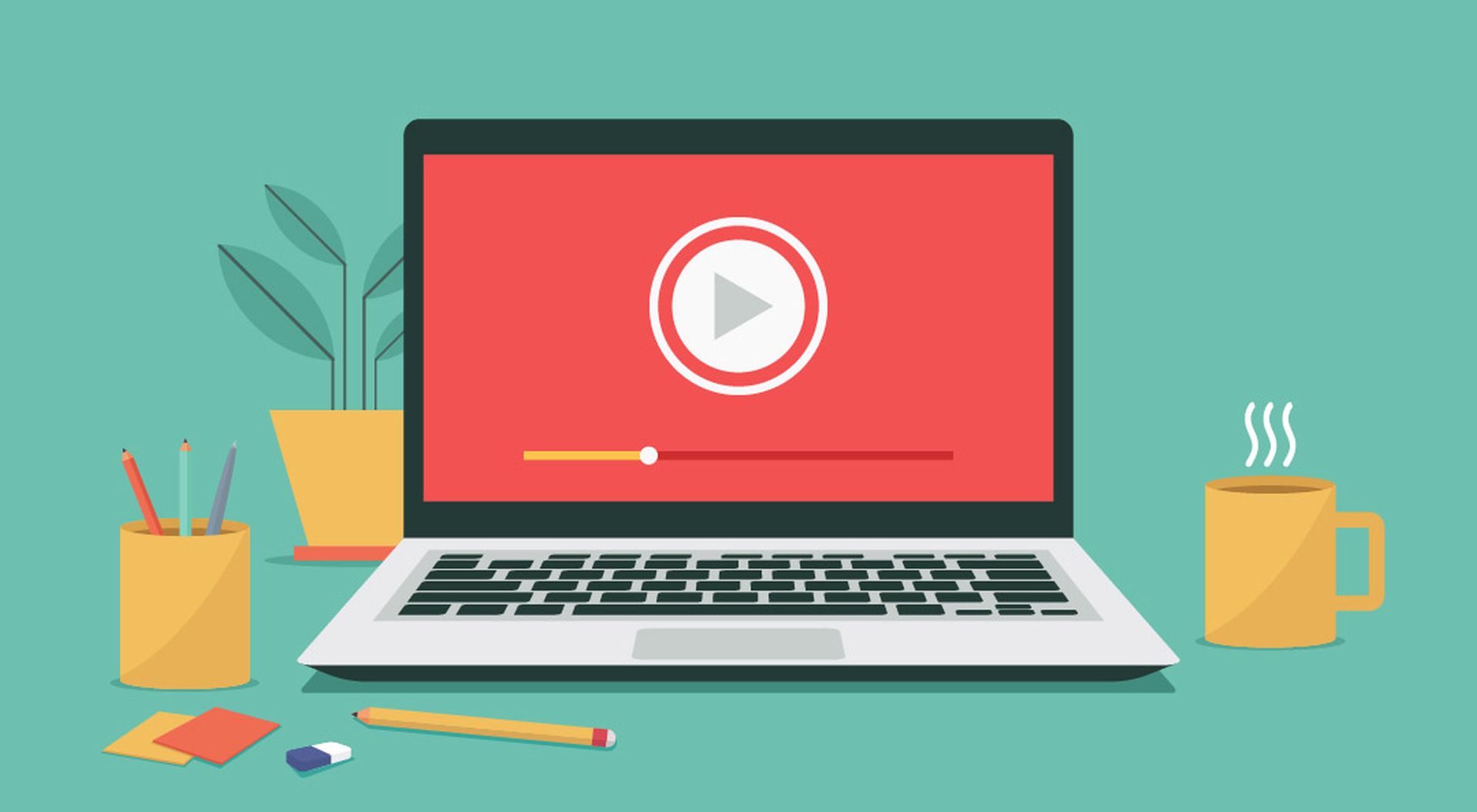 Grafik eines Notebooks, auf dessen Bildschirm die Start-Schaltfl&auml;che eines Videoplayers zu sehen ist.