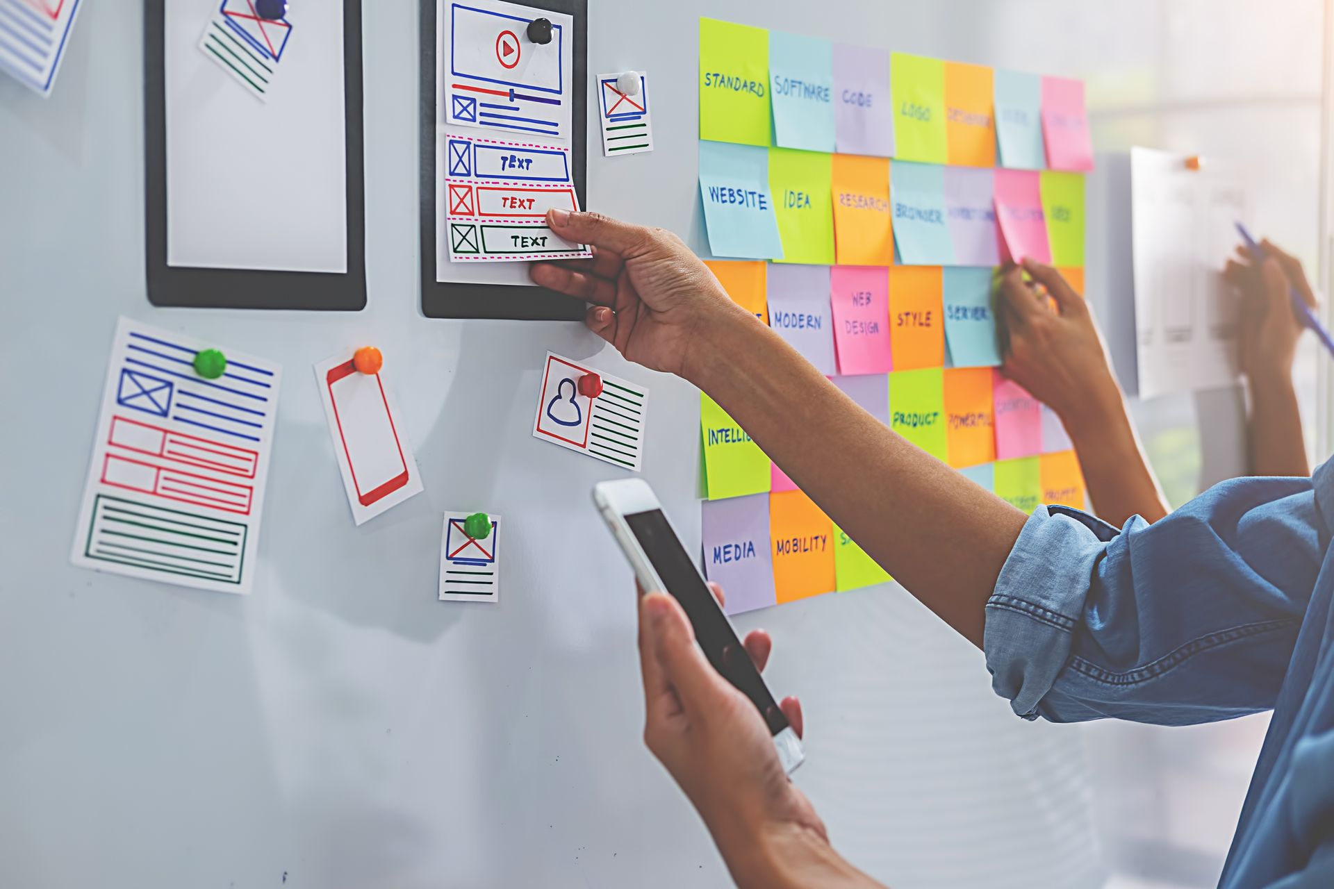 Foto eines Whiteboards, auf dem mehrere Personen gemeinsam Ideen f&uuml;r das Design einer App sammeln.