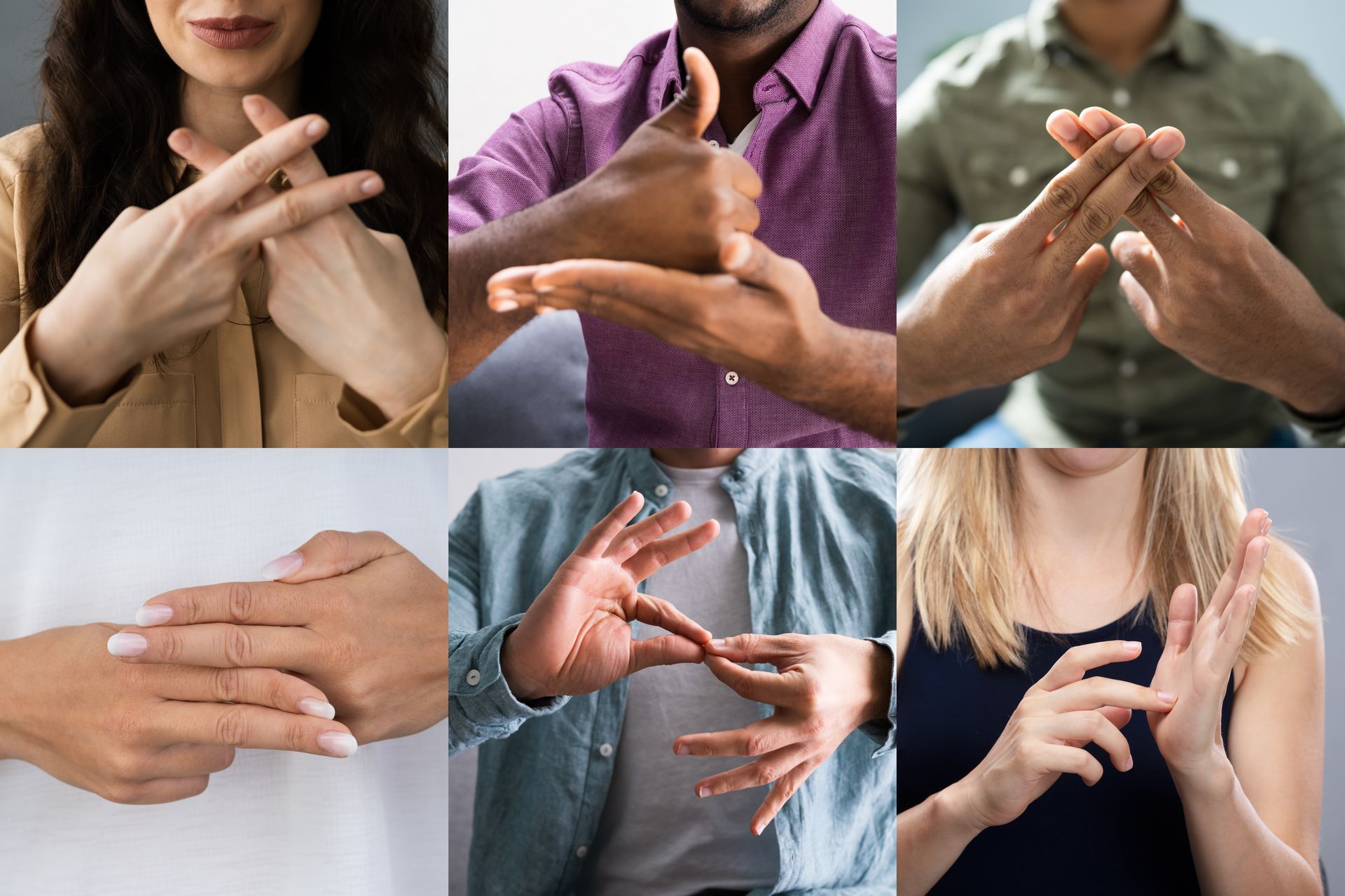Eine Fotokollage zeigt 6 verschiedene Ausschnitte der H&auml;nde von Personen, die geb&auml;rden.