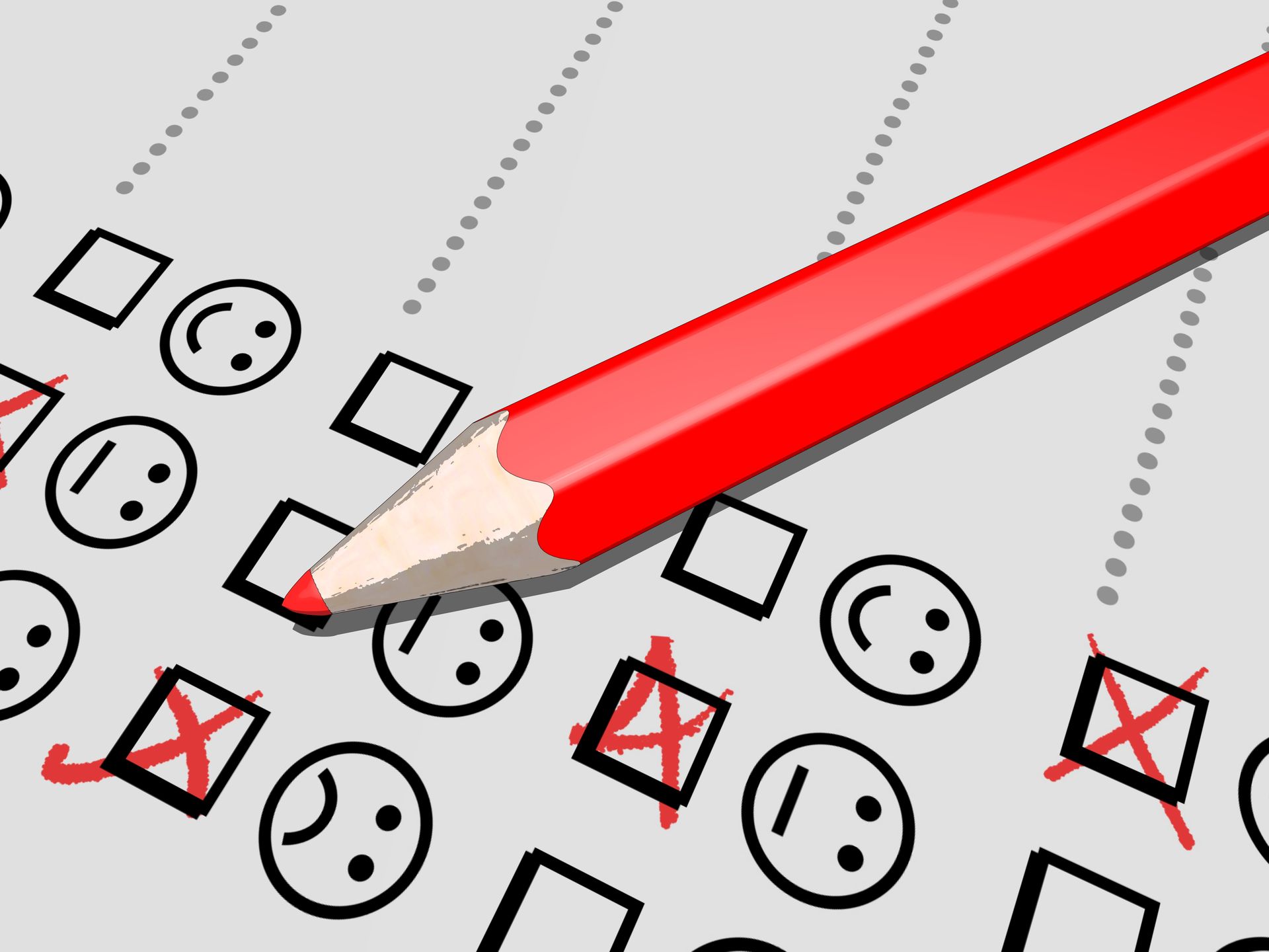 Grafik von einem Ausschnitt eines Bewertungsbogen zum Ankreuzen mit positiven, neutralen und negativen Smileys. &nbsp;Ein roter Buntstift kreuzt die zugeh&ouml;rigen K&auml;stchen an.