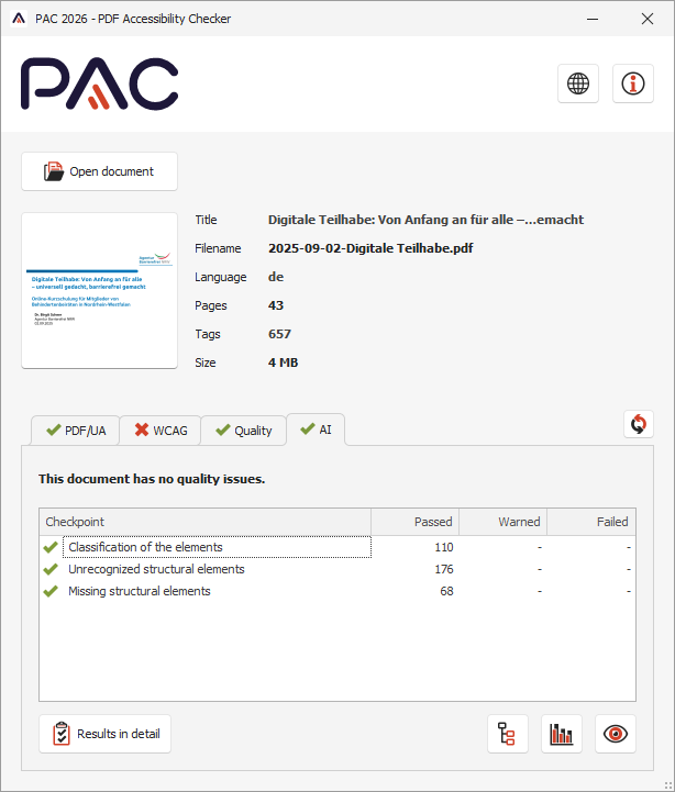 Screenshot des Testergebnisses von PAC 2026 f&uuml;r ein PDF/UA-konformes Beispieldokument bei dem keine Barrieren durch KI gefunden wurden.