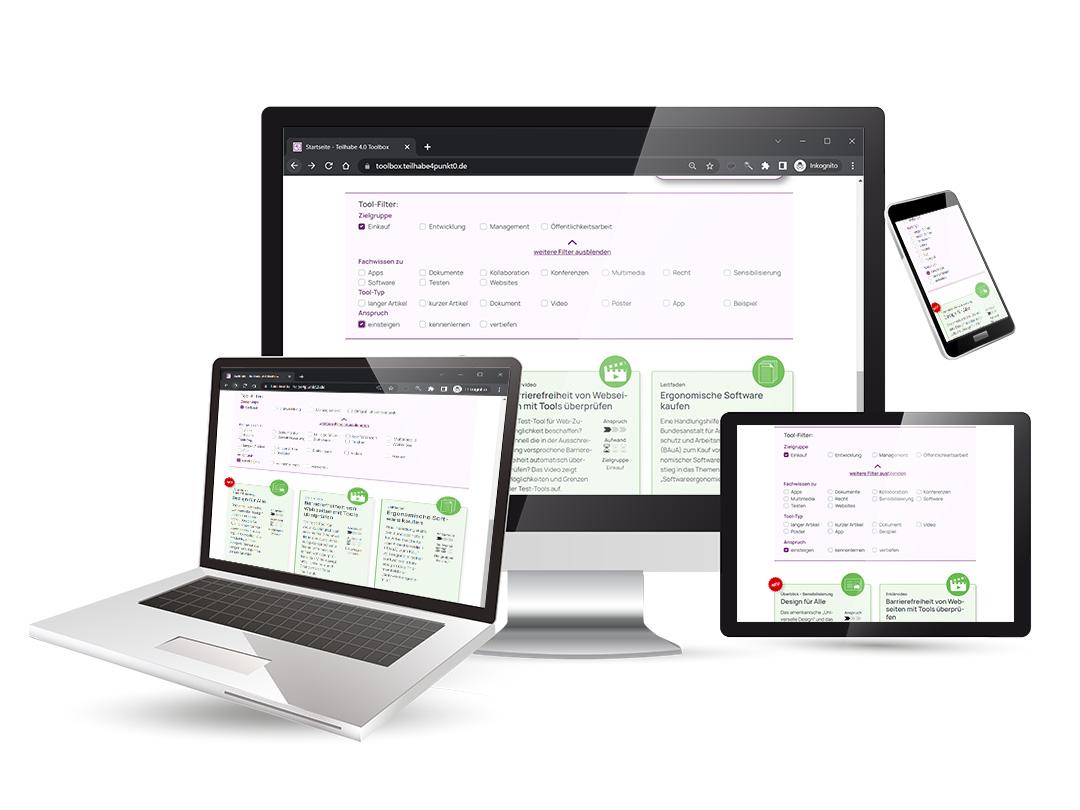 Foto von Computer, Notebook, Tablet und Smartphone mit unterschiedlichen Displaygr&ouml;&szlig;en, auf denen die gleichen Inhalte in leicht ver&auml;ndertem Design angezeigt werden.