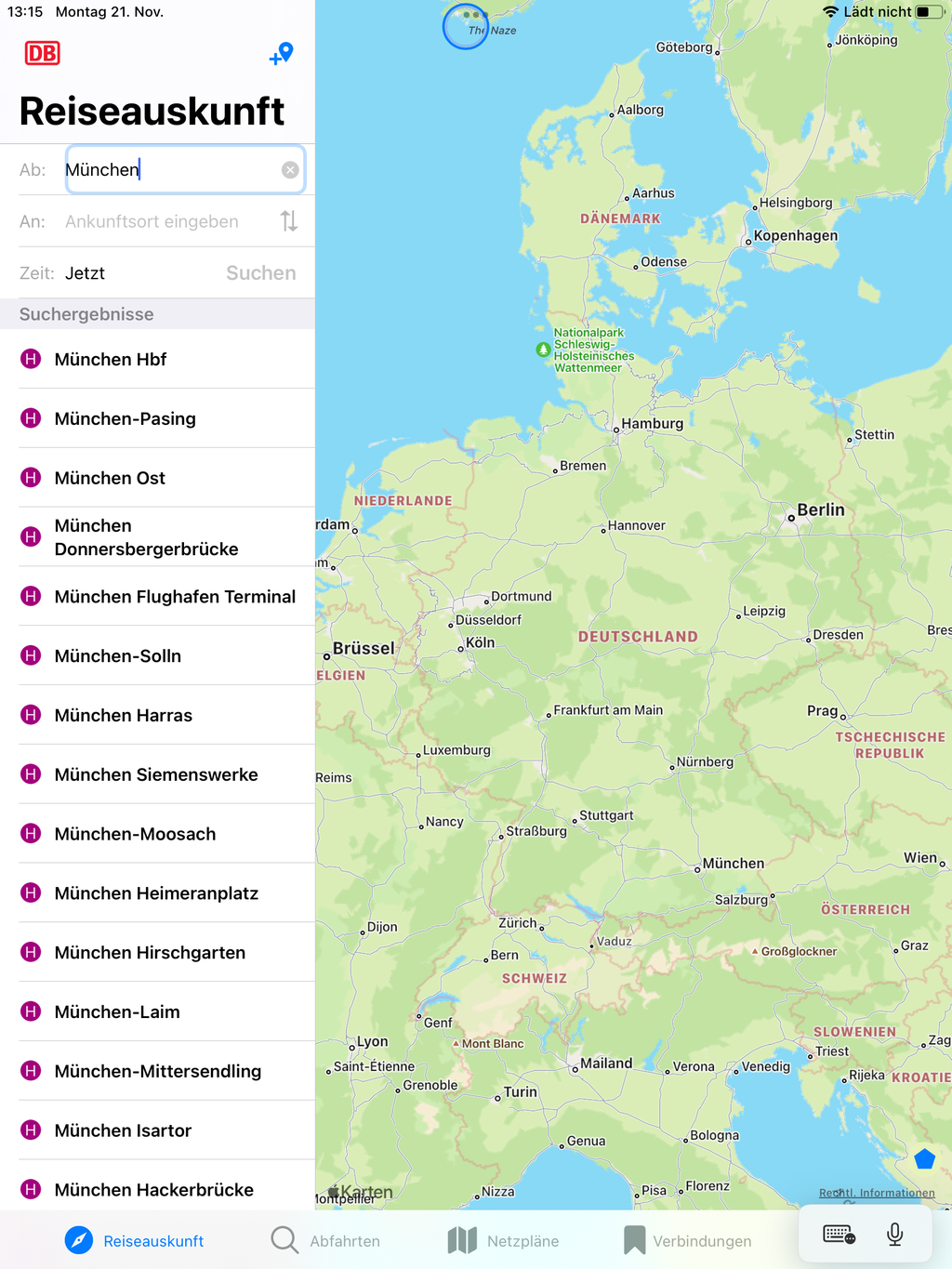 Bildschirmausschnitt der Startseite. Unter dem Eingabefeld f&uuml;r den Startort werden zur Eingabe passende Vorschl&auml;ge angezeigt.