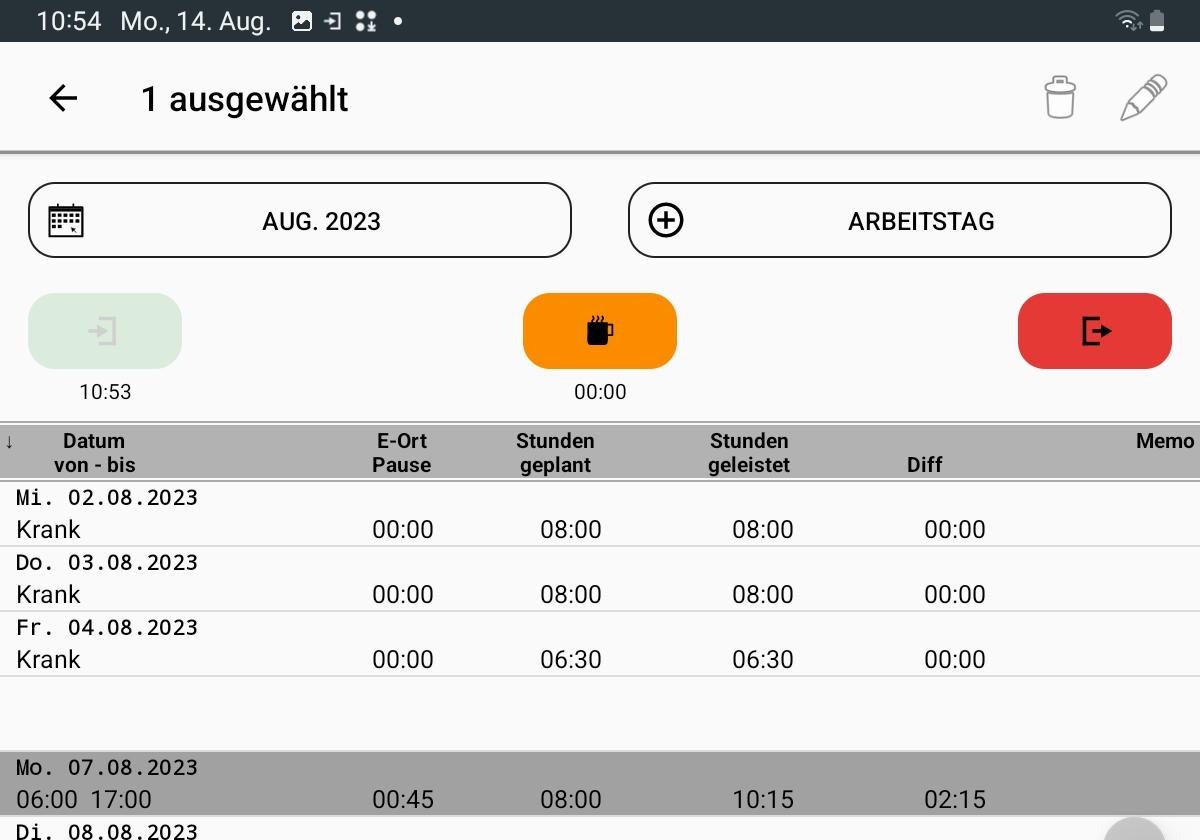 Screenshot der &Uuml;bersicht aller erfassten Daten in der Stempeluhr-App.