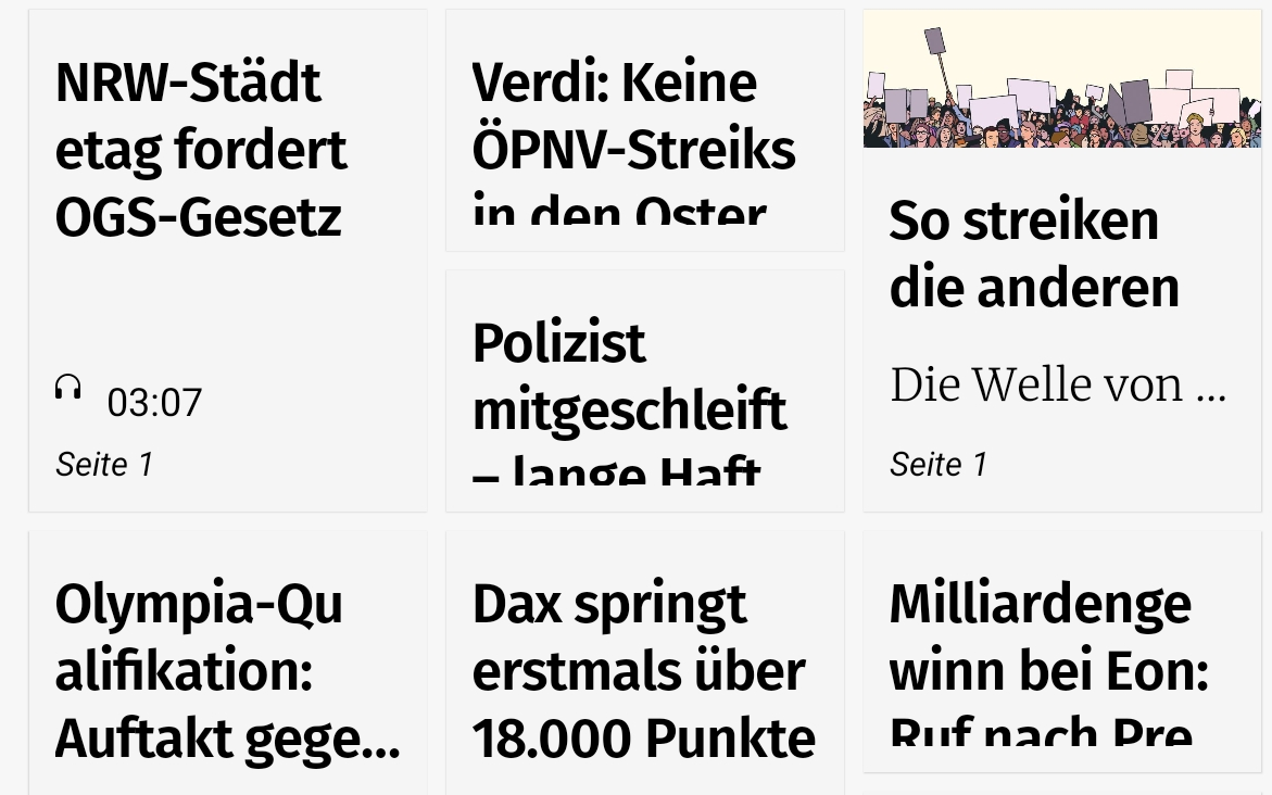 Bildschirmausschnitt der Artikel&uuml;bersicht der App WAZ-E-Paper mit abgeschnittenen Inhalten