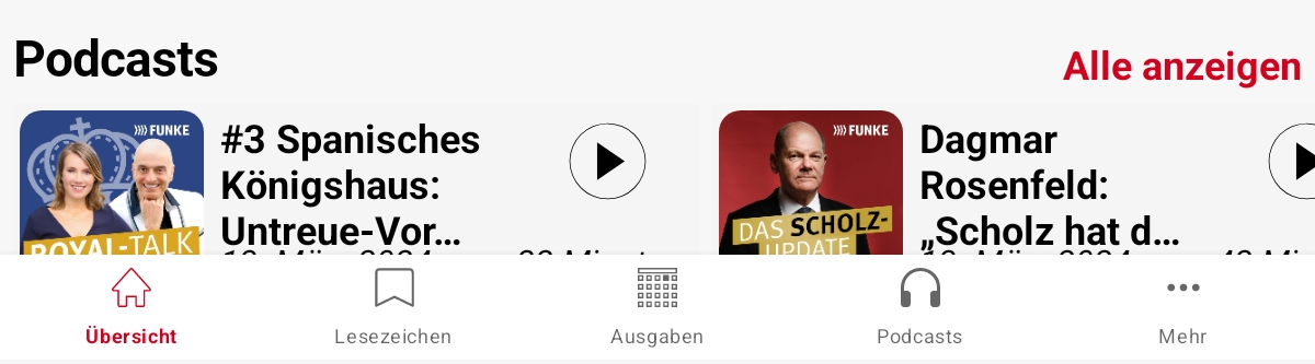 Bildschirmausschnitt der App WAZ-E-Paper mit nicht vergr&ouml;&szlig;erter Men&uuml;leiste