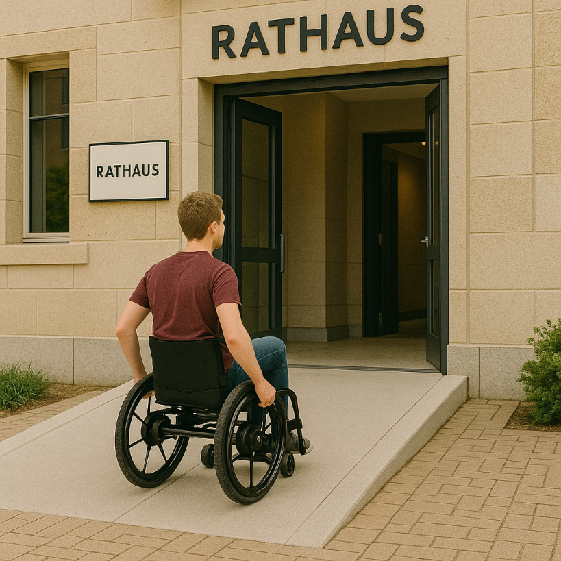 Leicht seitliche Sicht auf den Eingang eines Rathauses, in das ausschließlich eine Rampe bis direkt an die offenstehende Tür reicht und einem Rollstuhlfahrer auf der Schräge der Rampe.