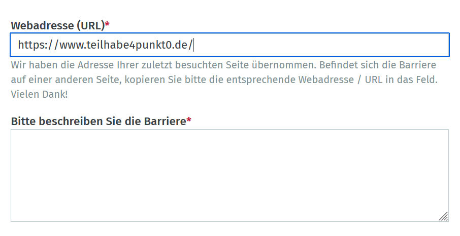 Screenshot eines Meldeformular, in dem das erste Eingabefeld Webadresse (URL) als Pflichtfeld lautet inklusive der Erklärung, dass die zuletzt besuchte Seite des Angebots voreingetragen ist, aber auch manuell geändert werden kann.