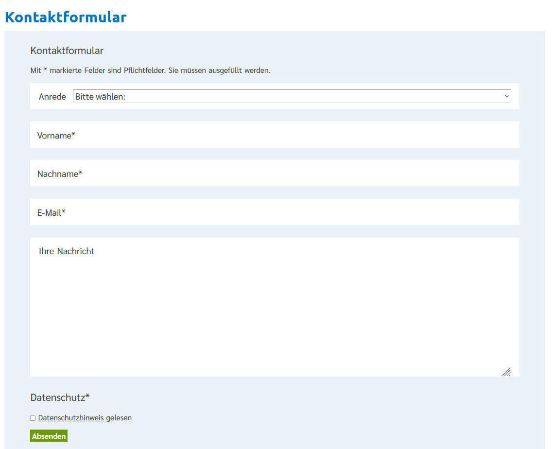 Screenshot eines Standard-Kontaktformulars mit verpflichtenden Angaben zur Person und der Möglichkeit eine Nachricht einzugeben.