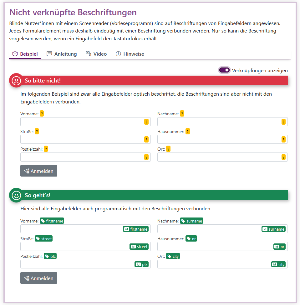 Gegenüberstellung eines schlechten und guten Beispiels zur Becshriftung von Formularfeldern auf dem Reiter Beispiel mit drei weiteren dahinterliegenden Reitern Anleitung, Video, Hinweise. Link zur Vergrößerung.