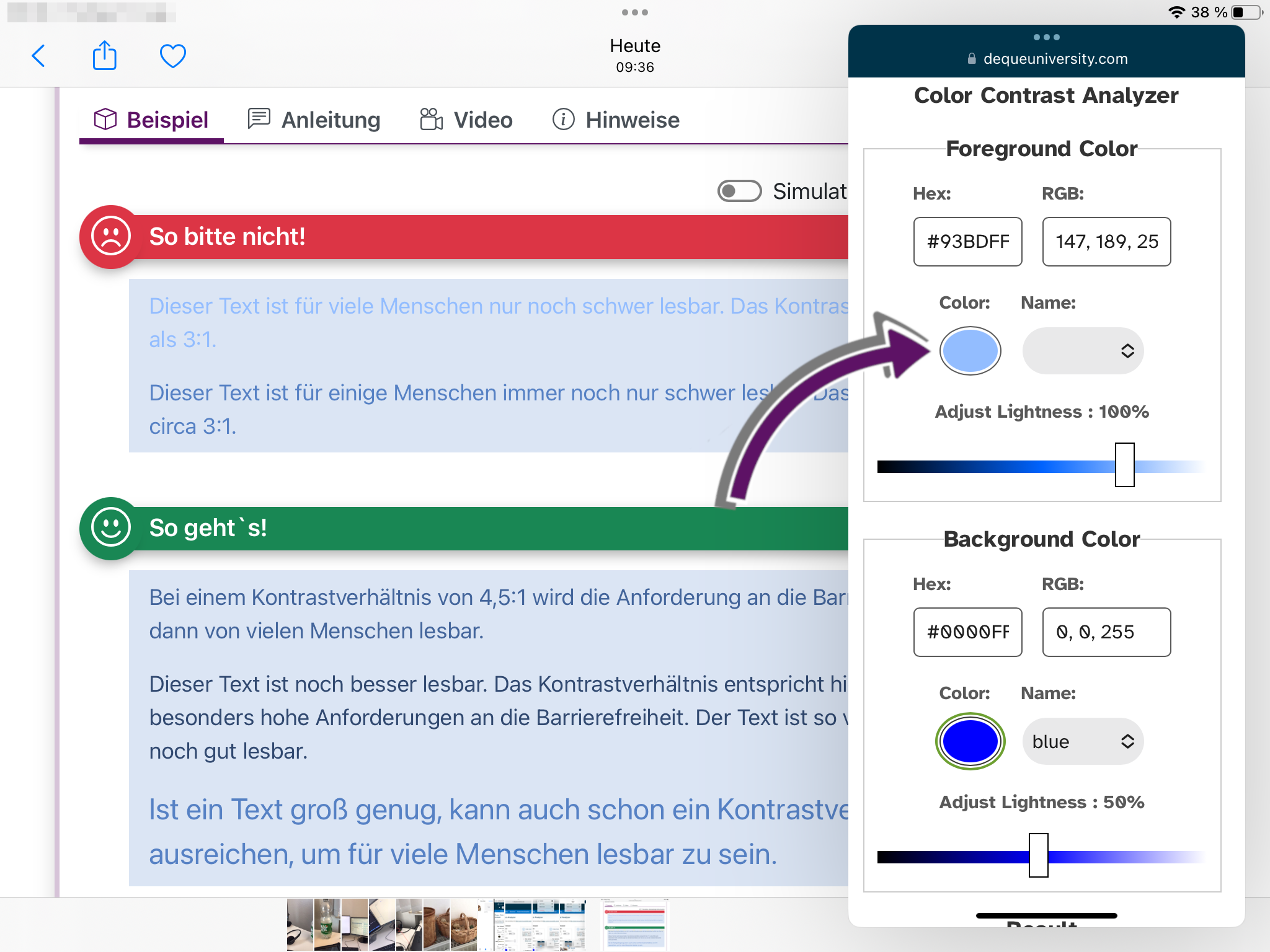 Bildschirmausschnitt vom iPad. Im Color Contrast Analyser Ist die Schaltfl&auml;che zur Farbauswahl durch einen Pfeil markiert.