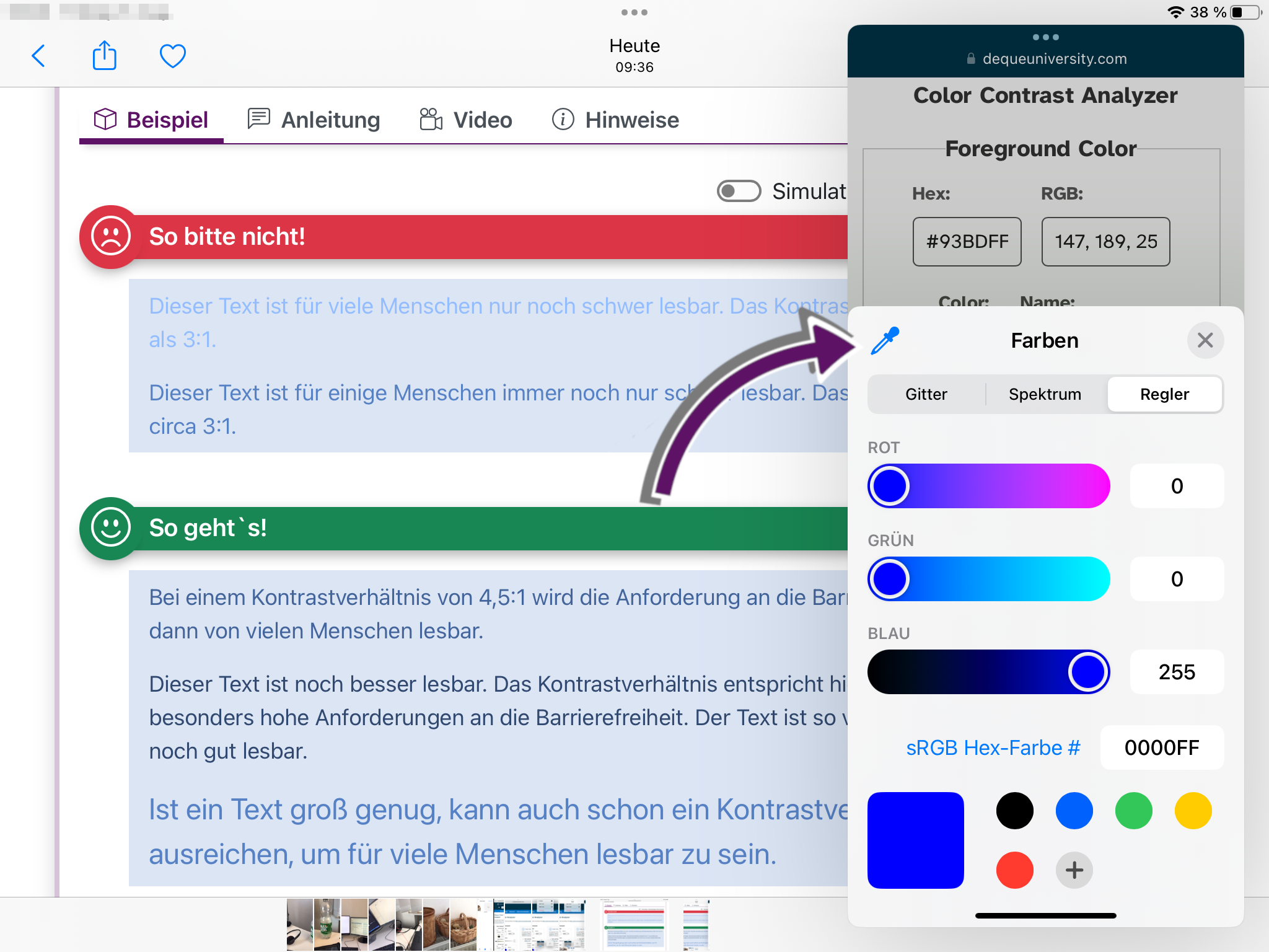 Bildschirmausschnitt vom iPad. Im Color Contrast Analyser Ist die Pipetten-Schaltfl&auml;che durch einen Pfeil markiert.