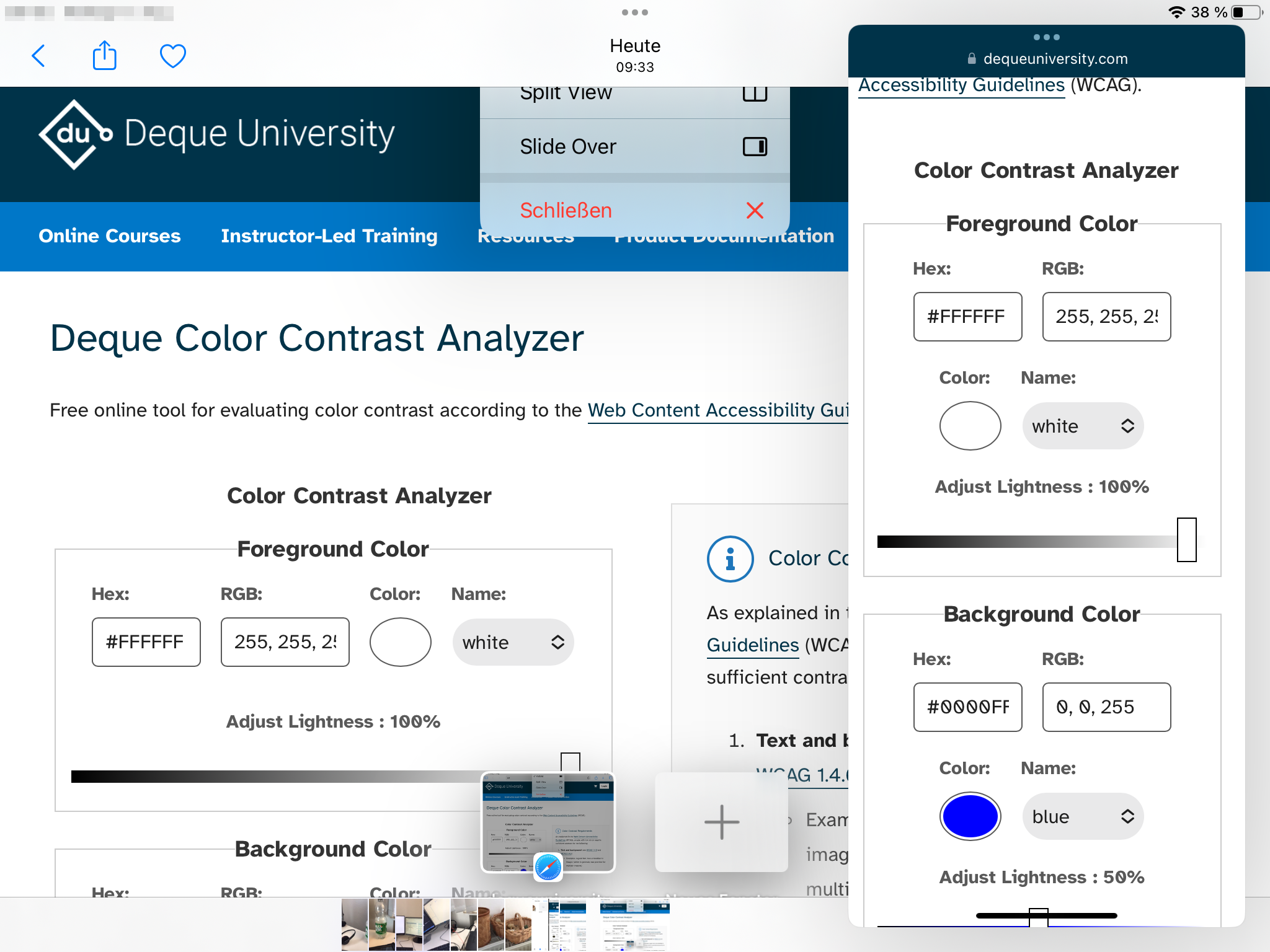 Bildschirmausschnitt vom iPad. An der rechten Seite ist der Color Contrast Analyser im Safari Browser ge&ouml;ffnet.
