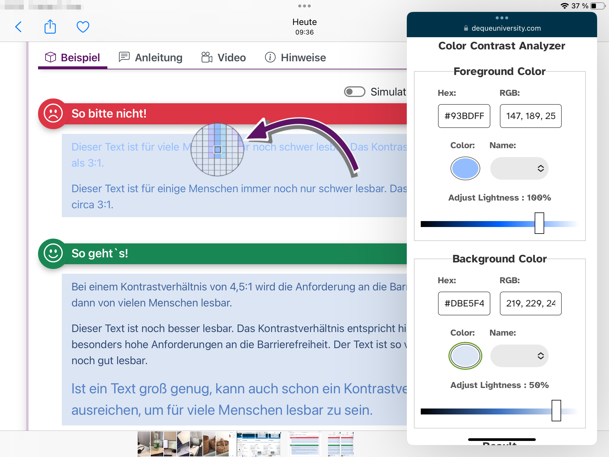 Bildschirmausschnitt vom iPad. &Uuml;ber dem zu testenden Screenshot ist ein rundes Pixel-Auswahlwerkzeug mit Raster.
