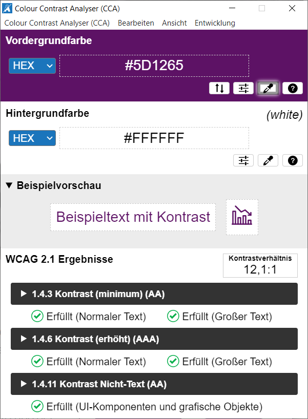 Screenshot der deutschen Oberfl&auml;che des Kontrastpr&uuml;fwerkzeugs