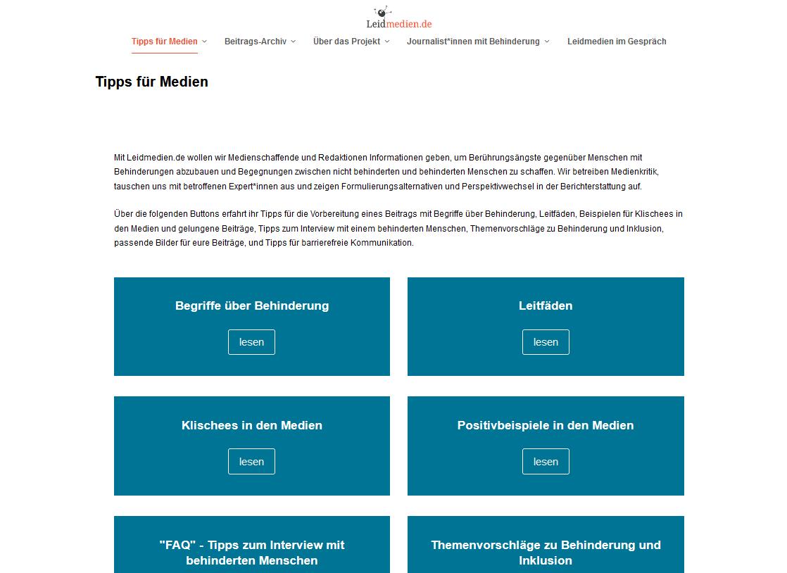 Screenshot der Tipps f&uuml;r Medien im Angebot leidmedien.de