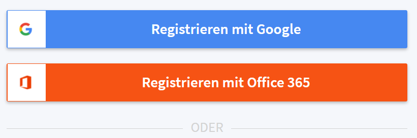 Bildschirmausschnitt der Registrierungs-Seite mit weiteren Schaltfl&auml;chen zur Registrierung &uuml;ber Google oder Office 365