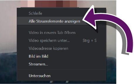 Bildschirmausschnitt des Kontextmen&uuml;s einer Video-Kachel in der Web-Anwendung