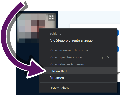 Bildschirmausschnitt des Kontextmen&uuml;s einer Video-Kachel in der Web-Anwendung
