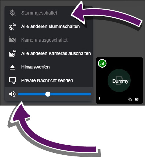Screenshot von der Web-Anwendung, der zeigt, dass unterhalb der Einstellung eines Teilnehmenden die Lautst&auml;rke mit einem Balken regulierbar ist.