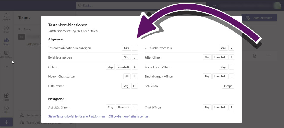 Screenshot des Microsoft Teams Dashboards mit allen Tastaturk&uuml;rzeln