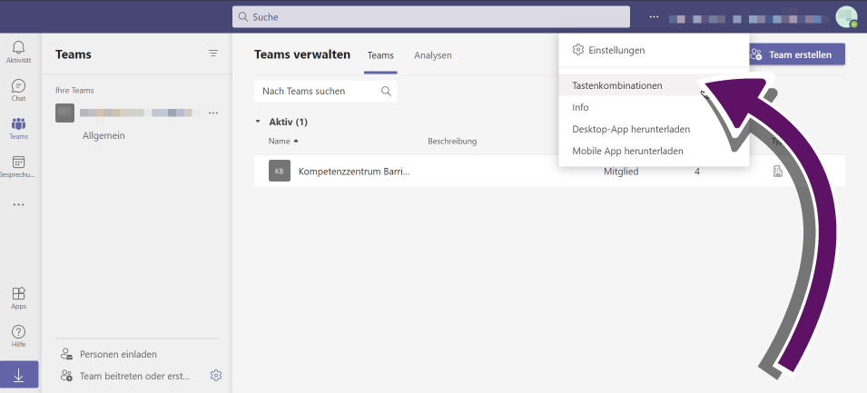 Screenshot des Dashboards. Unter Einstellungen, hier mit drei Punkten dargestellt, findet man die Tastaturk&uuml;rzel.