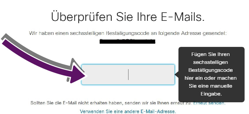 Bildschirmausschnitt mit Eingabefeld f&uuml;r den Registrierungs-Code