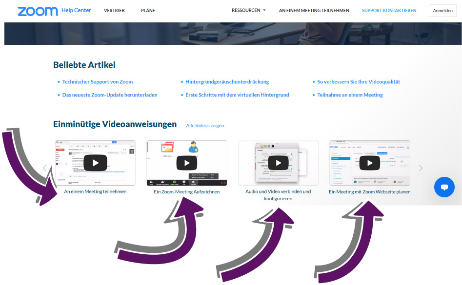 Bildschirmausschnitt der Liste der Erkl&auml;rvideos auf der Zoom-Hilfe-Seite