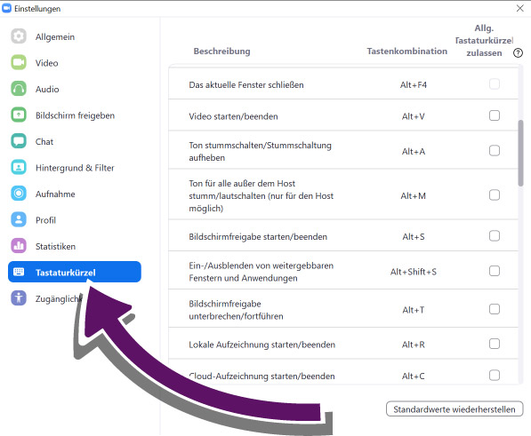&Uuml;ber die Einstellungen der App sind die Tastaturk&uuml;rzel zu finden