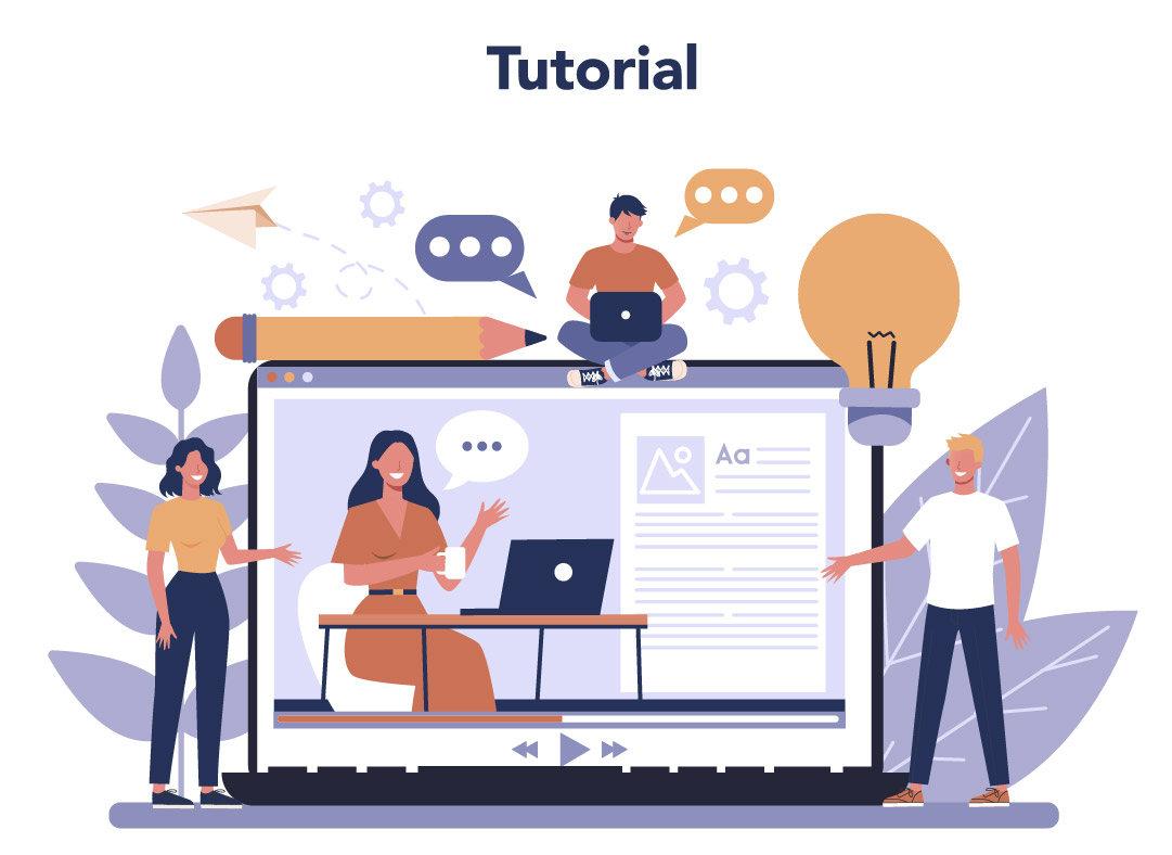 Grafik zum Thema Tutorial, die eine sprechende Frau in einem Video zeigt. &Uuml;ber verschiedene Endger&auml;te wird dieses kombiniert mit Onlinetexten von weiteren Personen betrachtet.