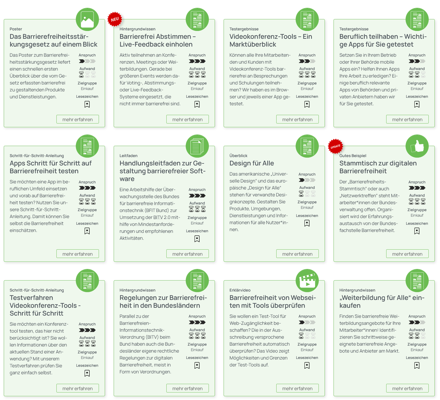 Screenshot aller Tools f&uuml;r die Zielgruppe Einkauf. Die Tools sind in Form von Kacheln mit gr&uuml;nem Hintergrund dargestellt und enthalten neben einem Tooltitel und einer Beschreibung jeweils in der Ecke ein Icon, das zus&auml;tzlich den Tooltyp kennzeichnet.