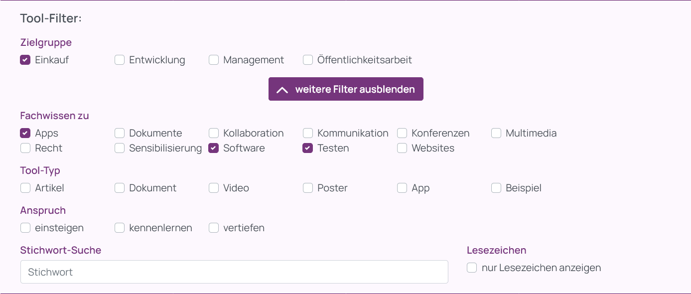 Screenshot der unterhalb des Zielgruppen-Filters aufgeklappten weiteren Tool-Filter Fachwissen zu, Tool-Typ, Anspruch und einer Stichwort-Suche. Ausgewählt wurden nur Apps, Software und Testen beim Fachwissen-Filter.