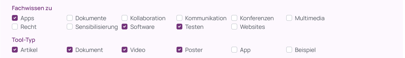 Screenshot der weiteren Tool-Filter Fachwissen zu und Tool-Typ. Neben Apps, Software und Testen wurden die 4 von 6 Tool-Typen ausgew&auml;hlt.