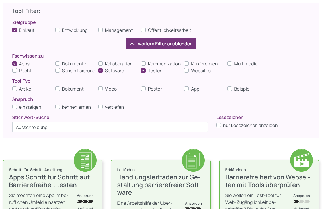 Screenshot der gew&auml;hlten Tool-Filter, Zielgruppe Einkauf, Fachwissen zu Apps, Software und Testen sowie die Stichwort-Suche nach Ausschreibung. Darunter ein Ausschnitt der Auswahl entsprechender Tools im Kachelformat.