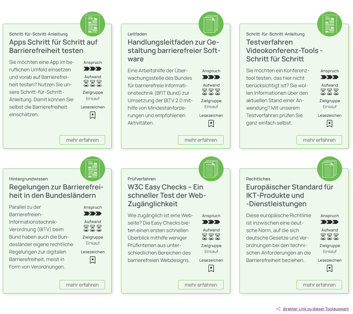Screenshot der verbleibenden 6 gr&uuml;nen Tool-Karten. Die Tools sind als Karten in Zeilen und Spalten angeordnet.