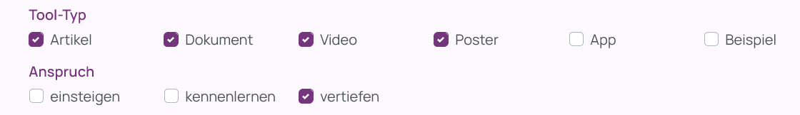 Screenshot der weiteren Tool-Filter Tool-Typ und Anspruch. Neben den Tool-Typen Artikel, Dokument, Video und Poster, wurde der Anspruch verteifen mithilfe eines Auswahlfeldes aus drei Optionen ausgew&auml;hlt.