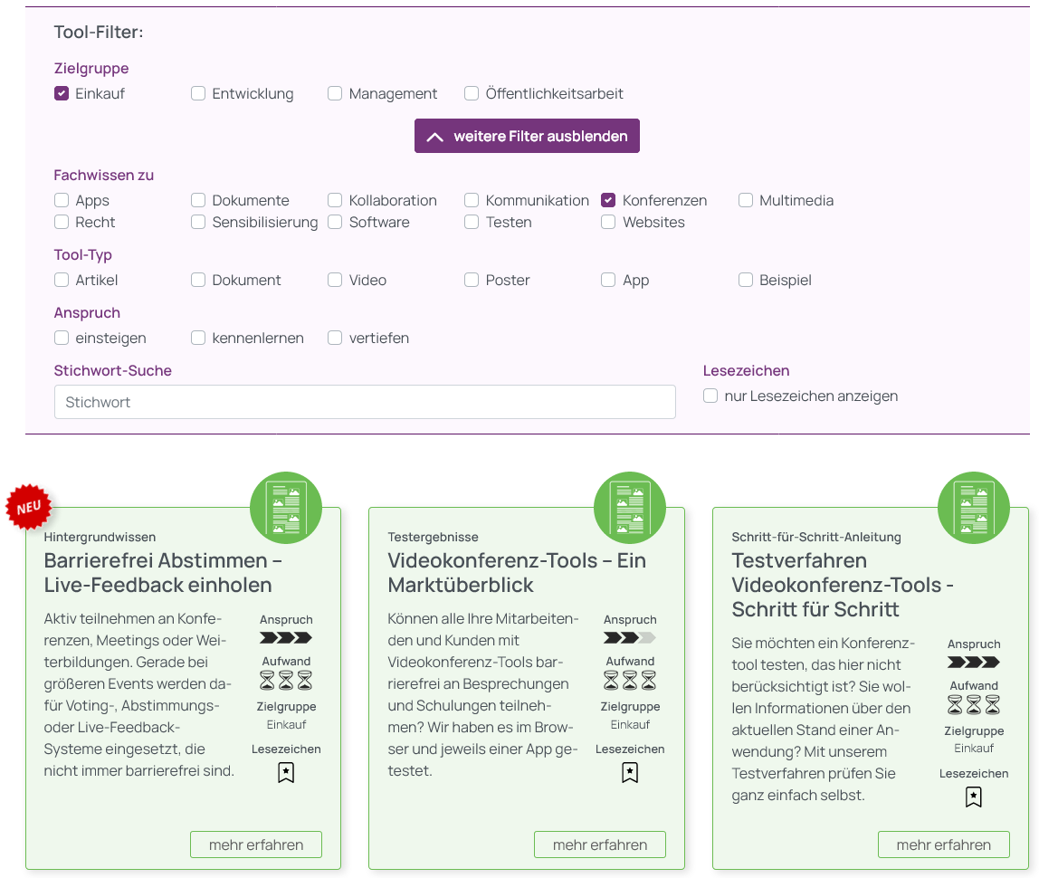 Screenshot der gewählten Tool-Filter, Zielgruppe Einkauf, Fachwissen zu Konferenzen. Darunter ein Ausschnitt der Auswahl entsprechender Tools im Kachelformat.