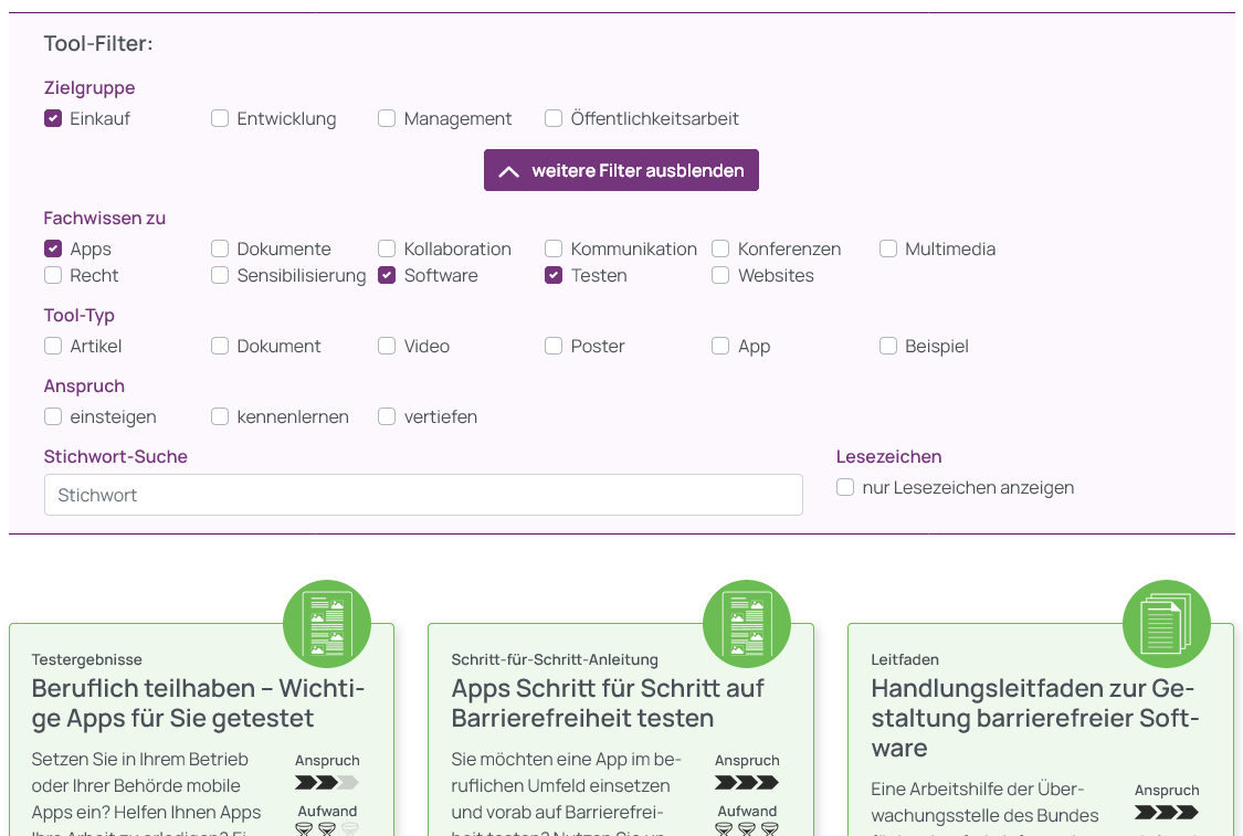 Screenshot der gewählten Tool-Filter, Zielgruppe Einkauf, Fachwissen zu Apps, Software und Testen. Darunter ein Ausschnitt der Auswahl entsprechender Tools im Kachelformat.
