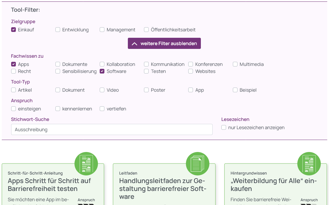 Screenshot der gewählten Tool-Filter, Zielgruppe Einkauf, Fachwissen zu Apps und Software sowie die Stichwort-Suche nach Ausschreibung. Darunter ein Ausschnitt der Auswahl entsprechender Tools im Kachelformat.