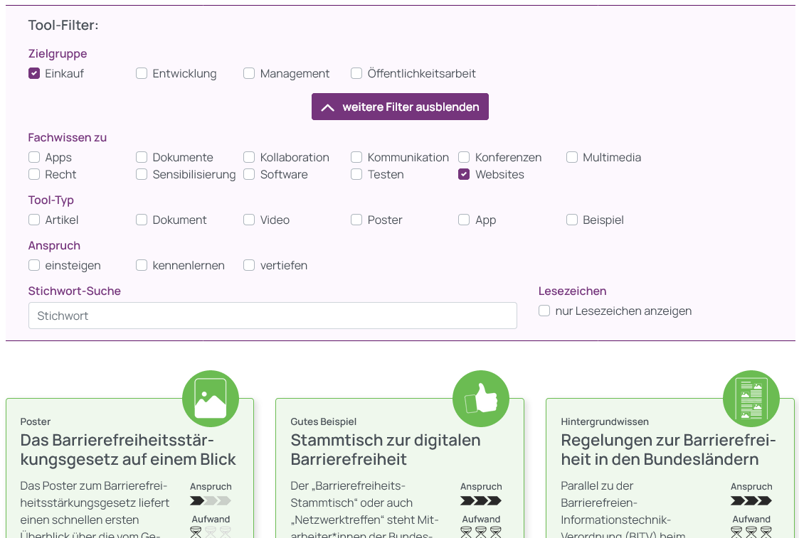 Screenshot der gewählten Tool-Filter, Zielgruppe Einkauf, Fachwissen zu Websites. Darunter ein Ausschnitt der Auswahl entsprechender Tools im Kachelformat.