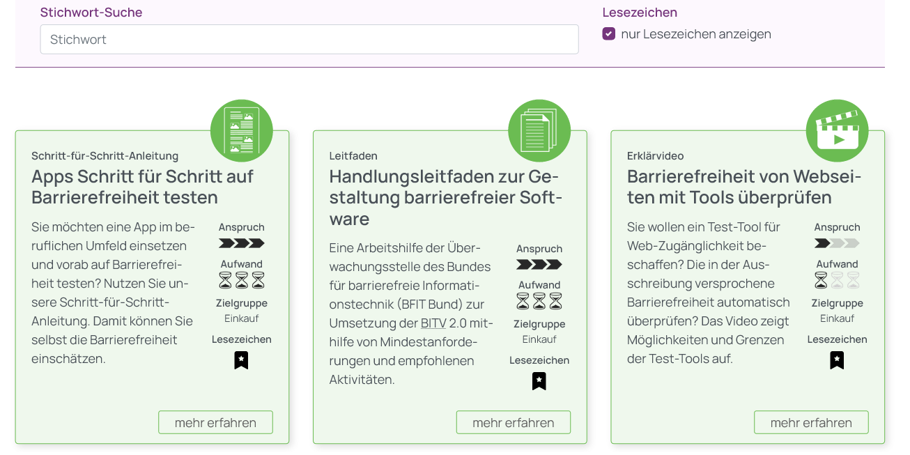 Screenshot der gewählten Tool-Filter Option nur Lesezeichen direkt nach dem Feld Stichwort-Suche. Darunter ein Ausschnitt der mithilfe von Lesezeichen markierten Tools im Kachelformat.