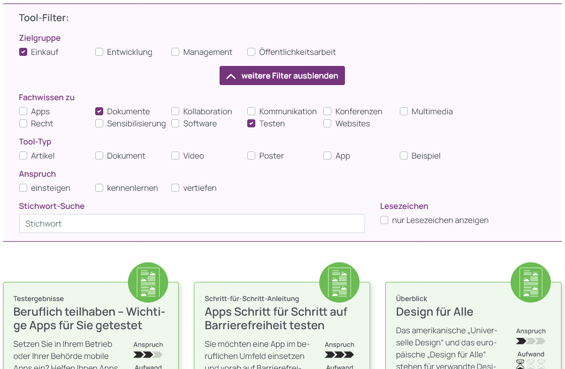Screenshot der gewählten Tool-Filter, Zielgruppe Einkauf, Fachwissen zu Dokumenten und Testen. Darunter ein Ausschnitt der Auswahl entsprechender Tools im Kachelformat.