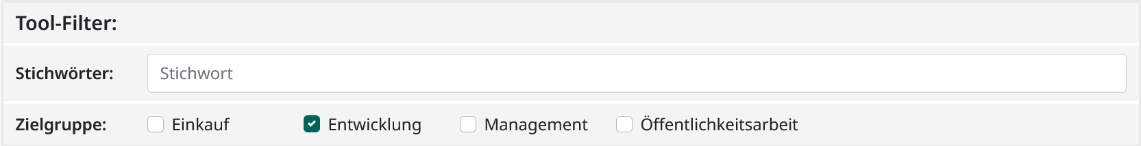 Screenshot der vier Tool-Filter Einkauf, Entwicklung, Management und Öffentlichkeitsarbeit unterhalb der Stichwortsuche, die mit Checkboxen in einer Zeile umgesetzt wurden.