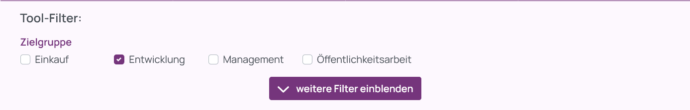 Screenshot der vier Tool-Filter Einkauf, Entwicklung, Management und &Ouml;ffentlichkeitsarbeit, die mit Checkboxen in einer Zeile umgesetzt wurden.