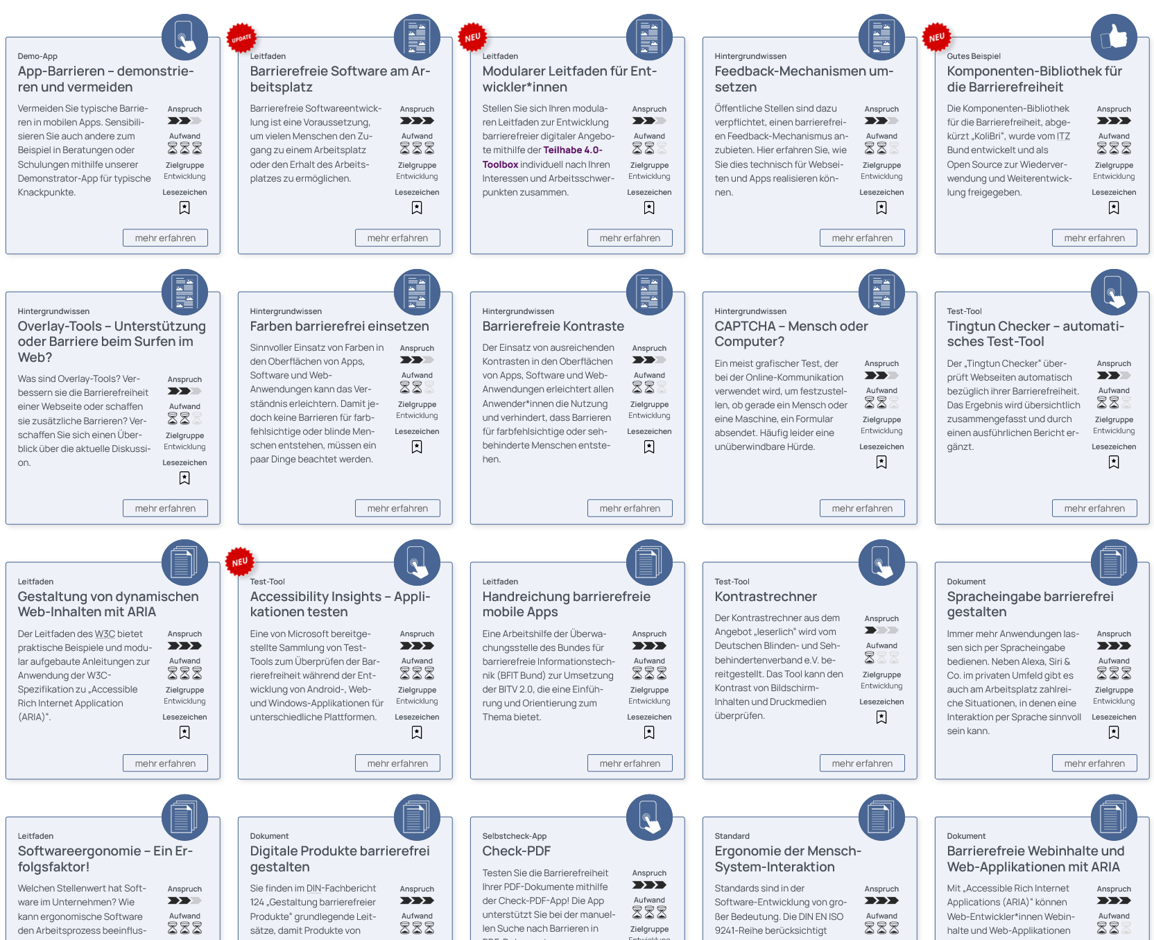 Screenshot aller Tools f&uuml;r die Zielgruppe Entwicklung. Die Tools sind in Form von Kacheln mit blauem Hintergrund dargestellt und enthalten neben einem Tooltitel und einer Beschreibung jeweils in der Ecke ein Icon, das zus&auml;tzlich den Tooltyp kennzeichnet.