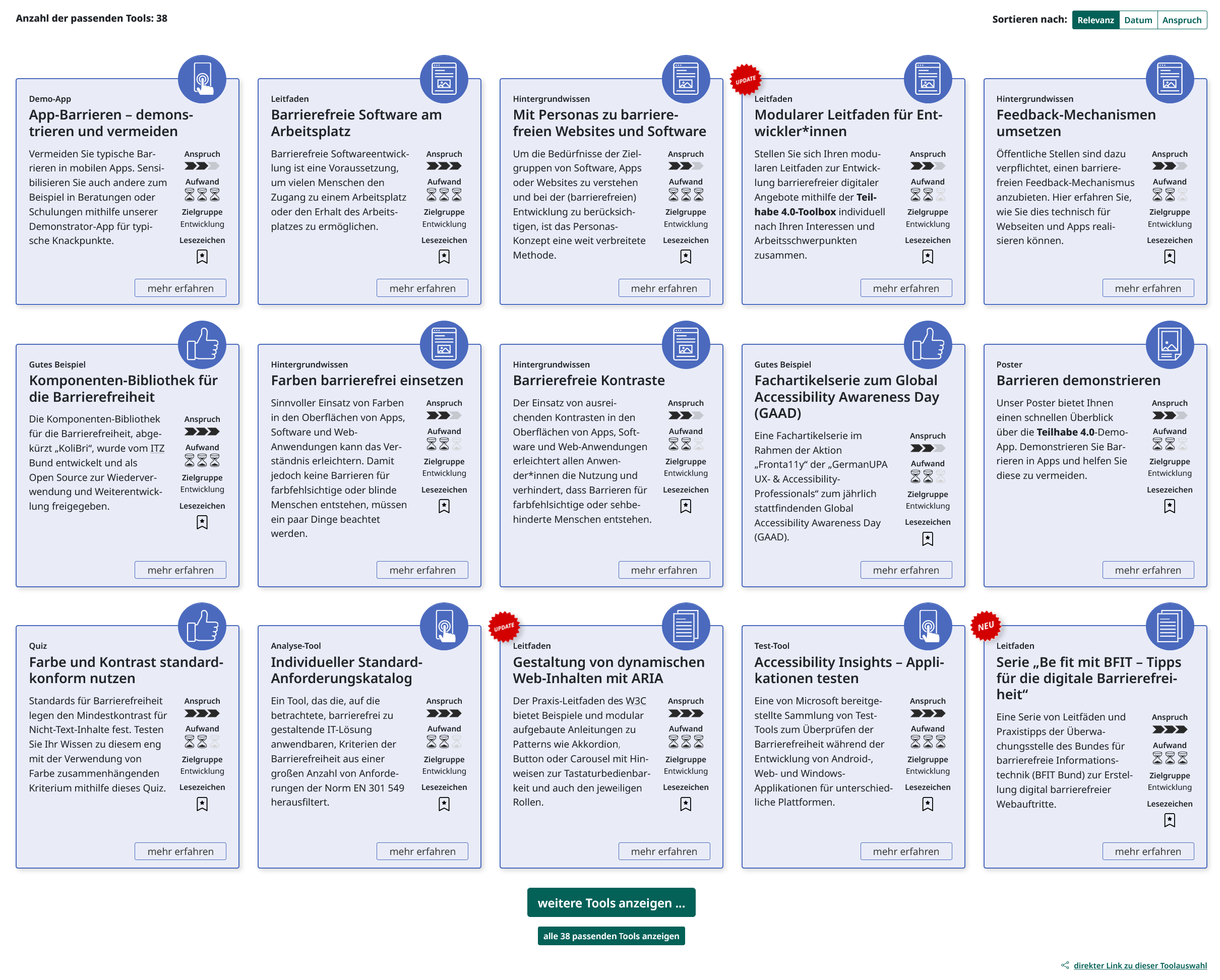 Screenshot der aktuellen Toolauswahl mit 38 Tools. Die Tools sind als Karten in Zeilen und Spalten angeordnet. Unterhalb der Karten gibt es Schaltflächen, um weitere Tools anzuzeigen.