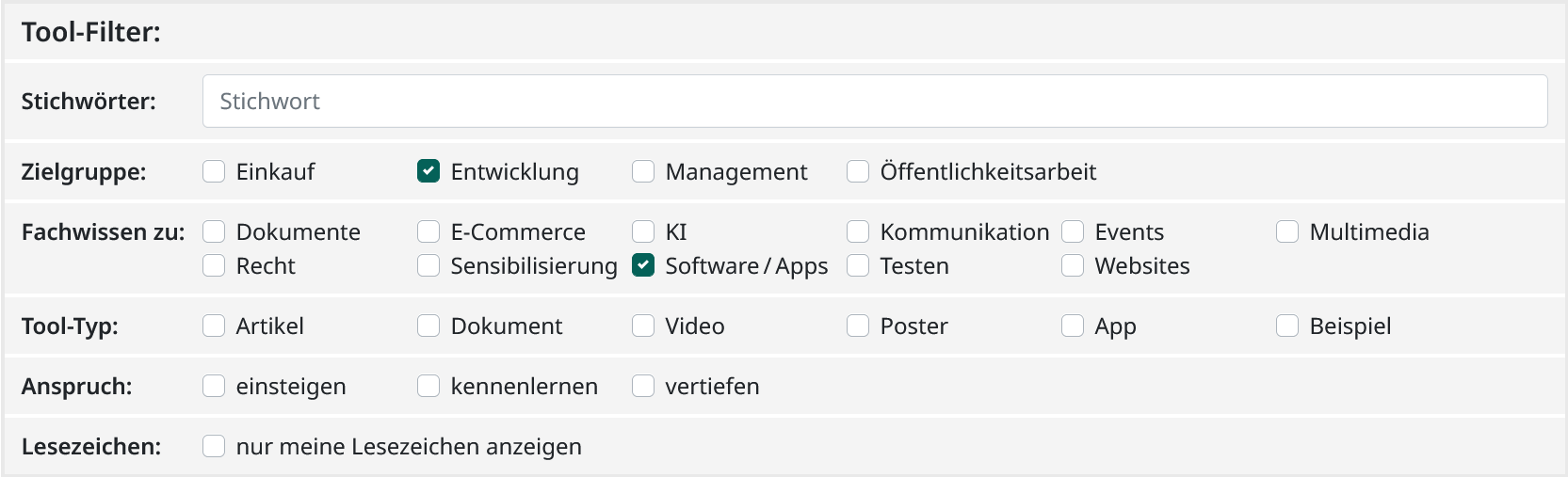 Screenshot der unterhalb des Stichwörter und Zielgruppen-Filters aufgeklappten weiteren Tool-Filter Fachwissen zu, Tool-Typ, Anspruch und Lesezeichen. Ausgewählt wurde nur Software / Apps beim Fachwissen-Filter.