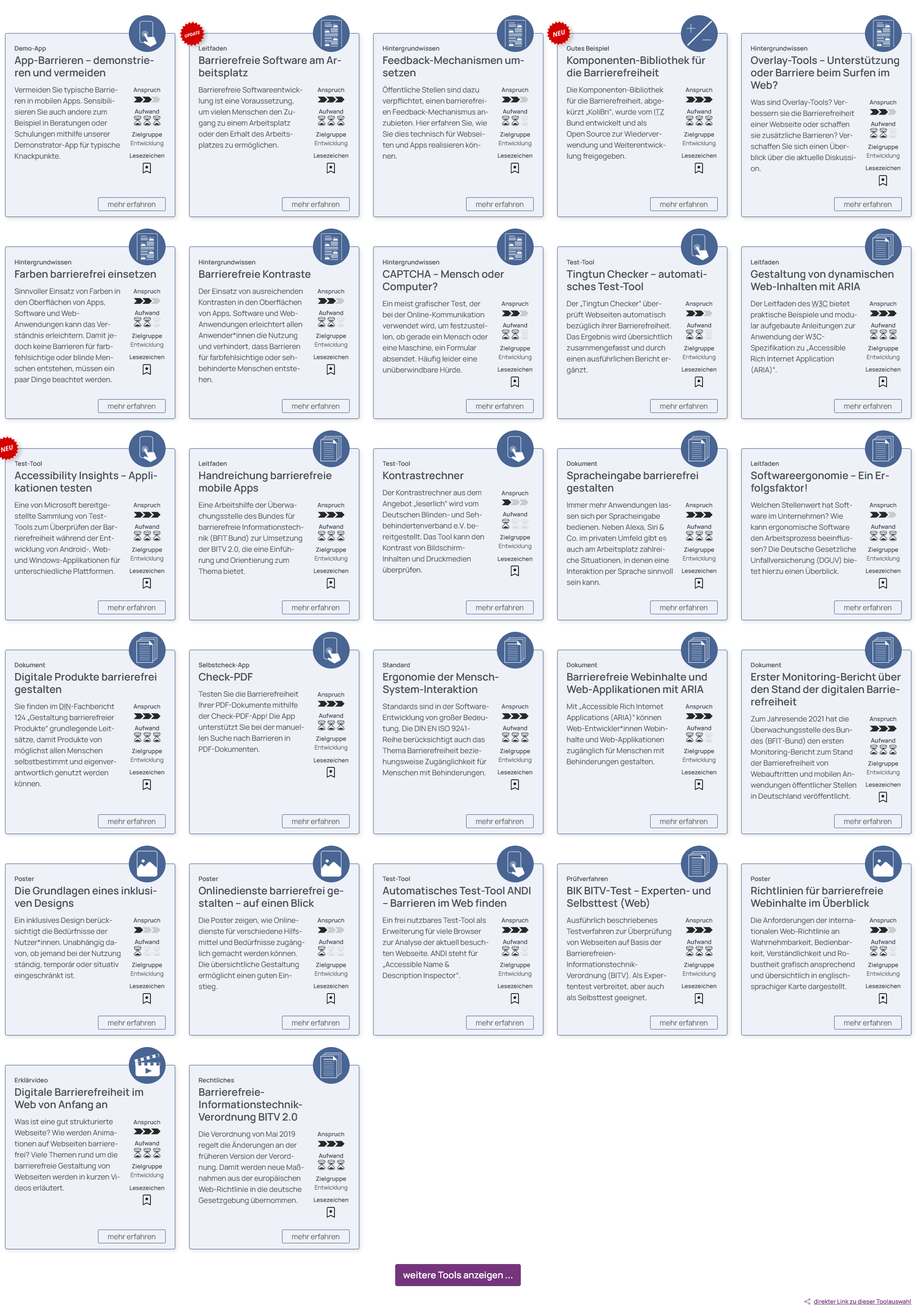Screenshot der aktuellen Toolauswahl. Die Tools sind als Karten in Zeilen und Spalten angeordnet. Unterhalb der Karten gibt es eine Schaltfl&auml;che, um weitere Tools anzuzeigen.