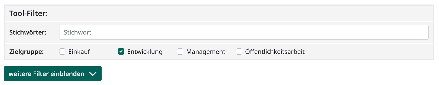 Screenshot der Stichwortsuche mit den vier Tool-Filtern Einkauf, Entwicklung, Management und Öffentlichkeitsarbeit, die mit Checkboxen in einer Zeile umgesetzt wurden und eine petrolfarben hervorgehobene Schaltfläche unterhalb des Filters.