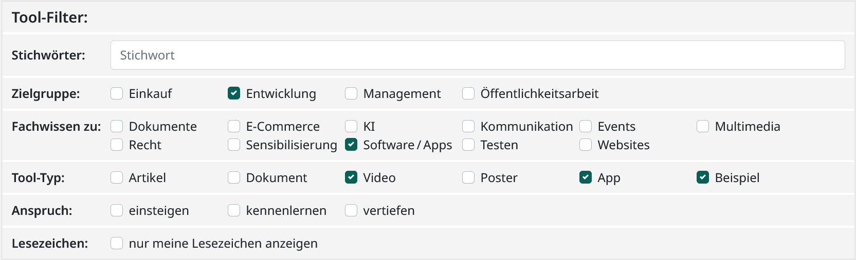 Screenshot der weiteren Tool-Filter Fachwissen zu und Tool-Typ. Neben Software / Apps wurden die Tool-Typen Video, App und Beispiel ausgewählt.